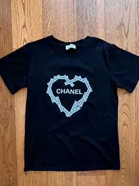 CHANEL Black Tee with White Logo Heart